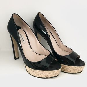 Miu Miu Black Patent Leather Platform Peep-Toe Hee